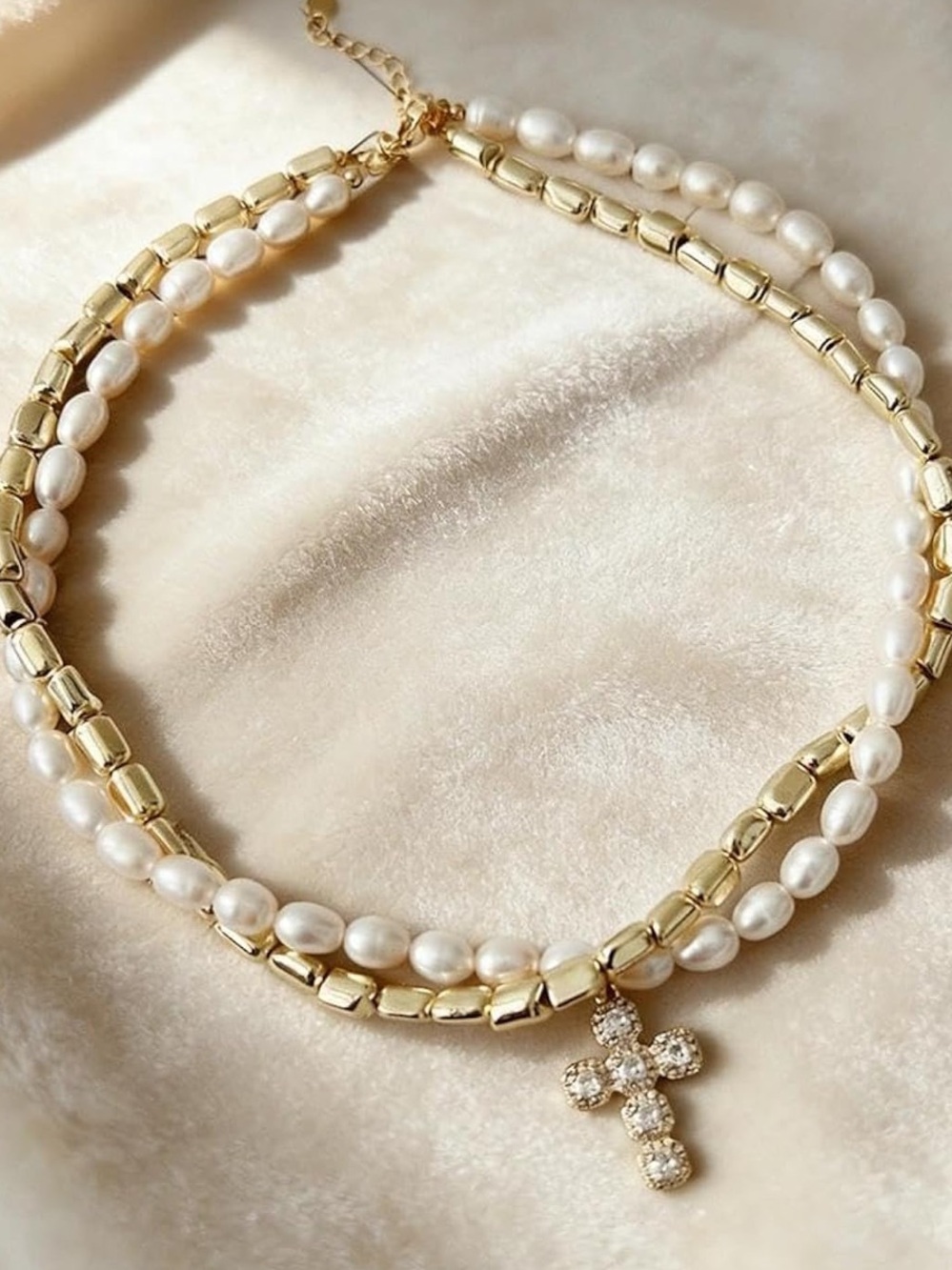Anthropologie Gold and Pearl Double-Strand Necklace with Crystal Cross